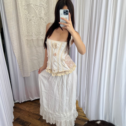 Vintage Coline Eurosummer Embroidery Lace Broderie Anglaise Hem Midi Skirt