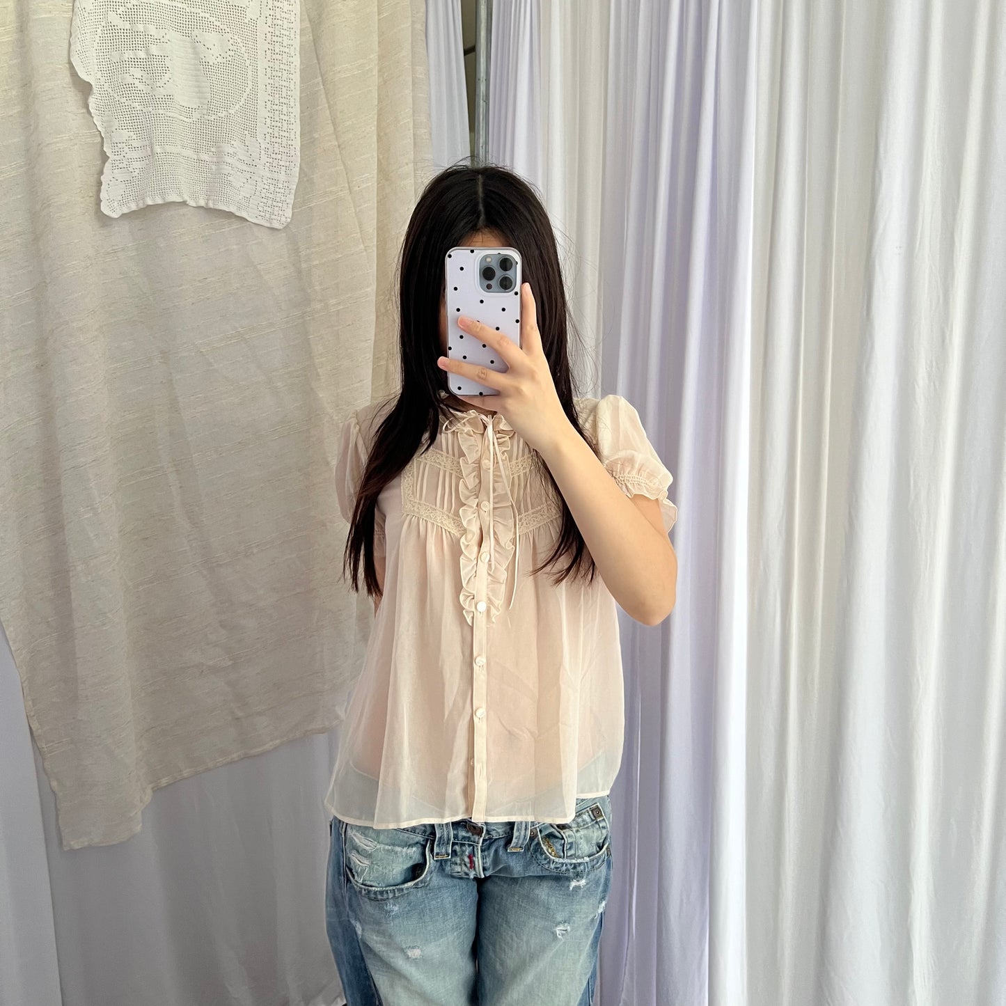 Ivory Beige L'Est Rose Ruffle Ruched High Neck Collar Puff Sleeve Blouson Top