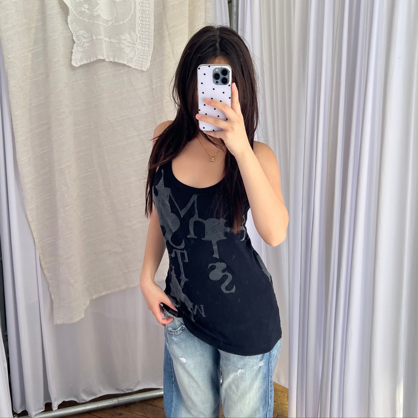 Miss Sixty Black Grey Velvet Graphic Tank Top
