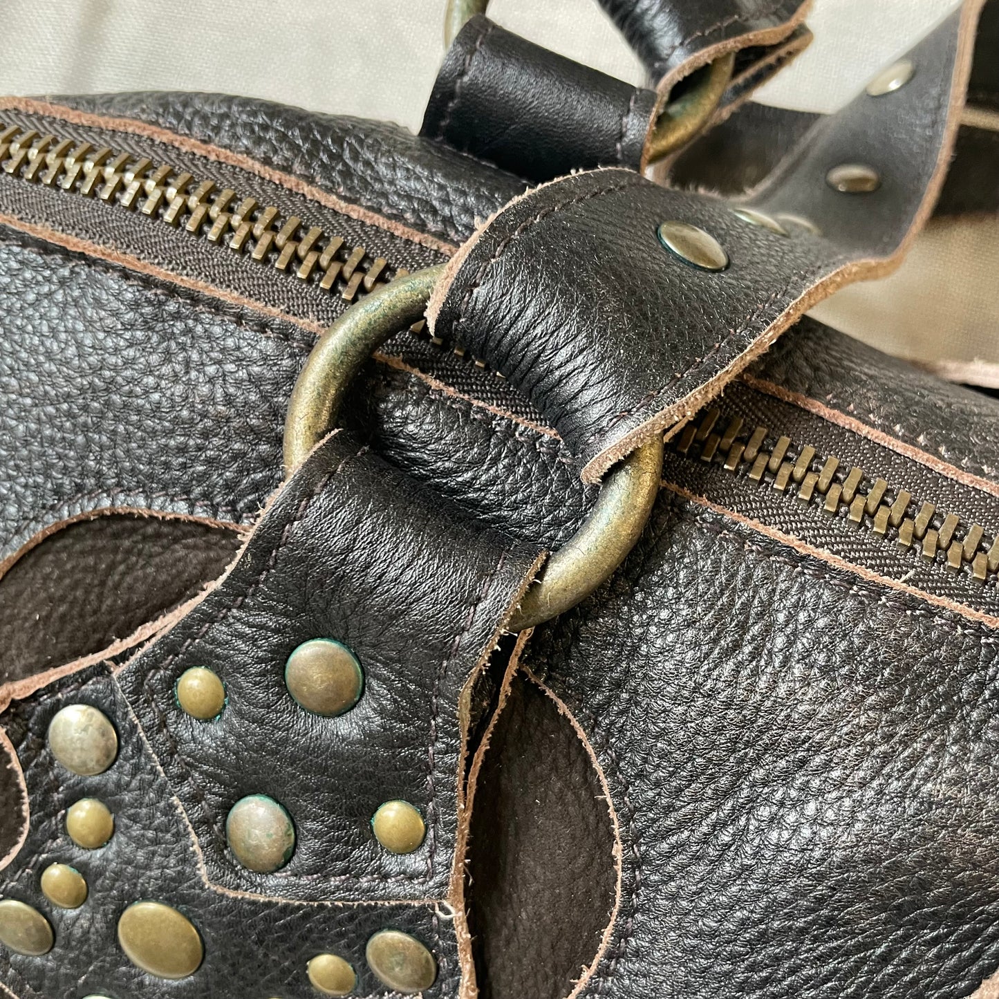 western grunge vintage nine lives brown suede leather studded shoulder bag