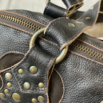 western grunge vintage nine lives brown suede leather studded shoulder bag