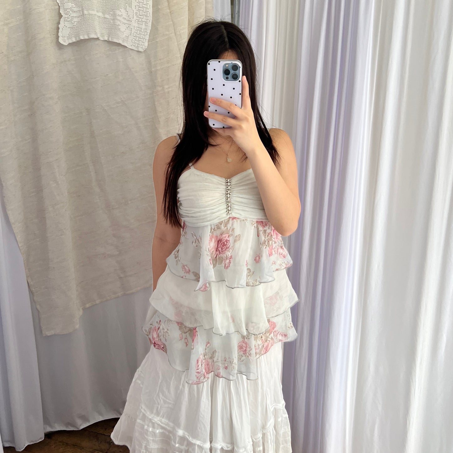 Vintage White Blue Floral Ruched Bust Frilly Silk Tiered Camisole