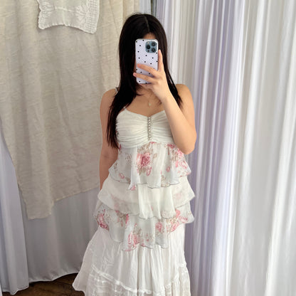 Vintage White Blue Floral Ruched Bust Frilly Silk Tiered Camisole