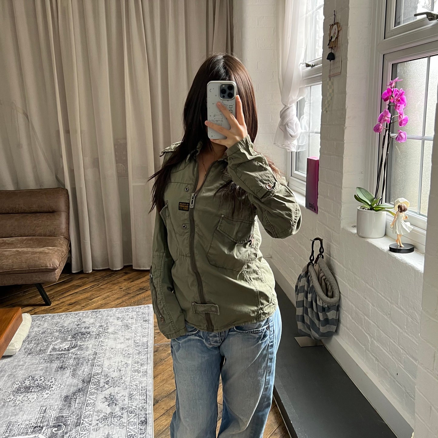 khaki g-star raw long sleeve utility style neck buckle jacket