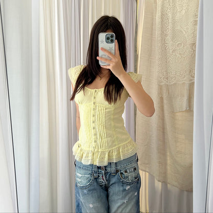 Guess Yellow Milkmaid Corset Ruffle Lace Trim Blouse
