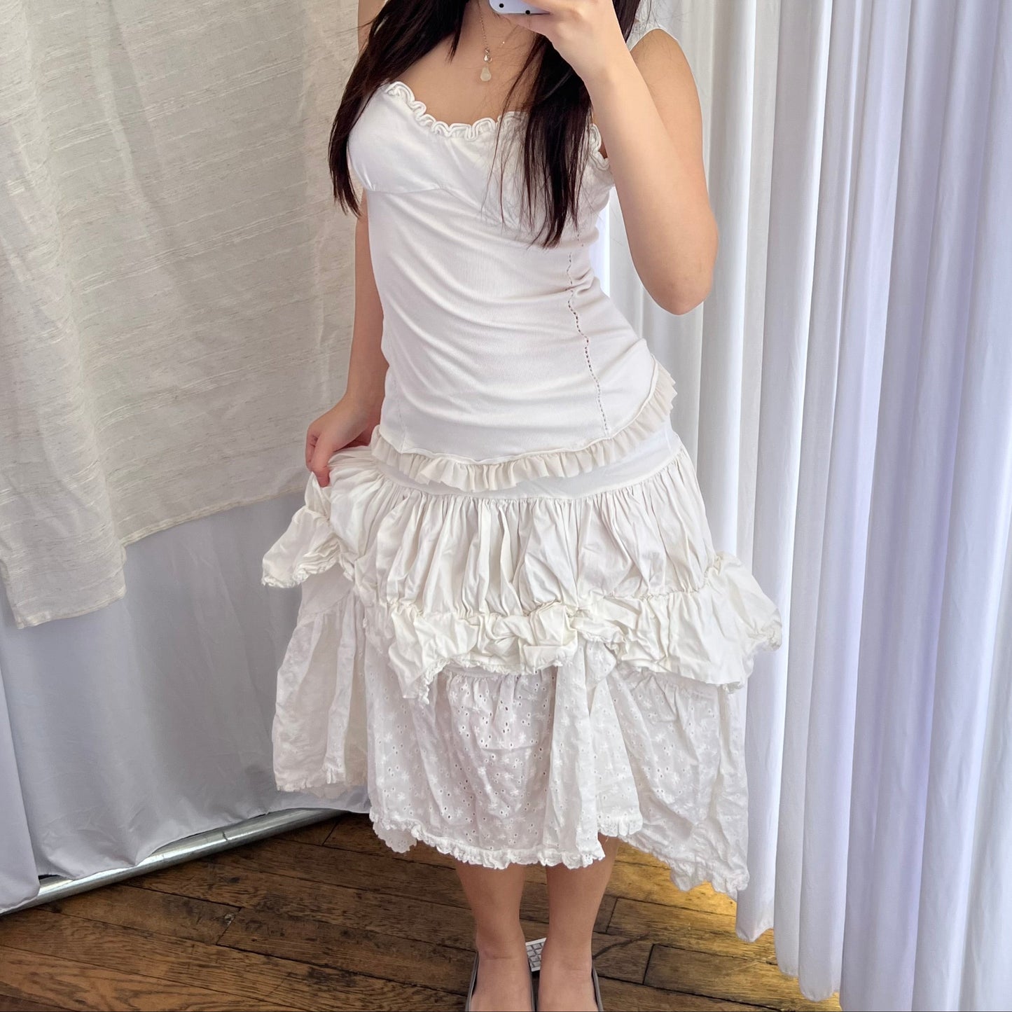 Prairie White Ruched Flared Broderie Anglaise Midi Skirt