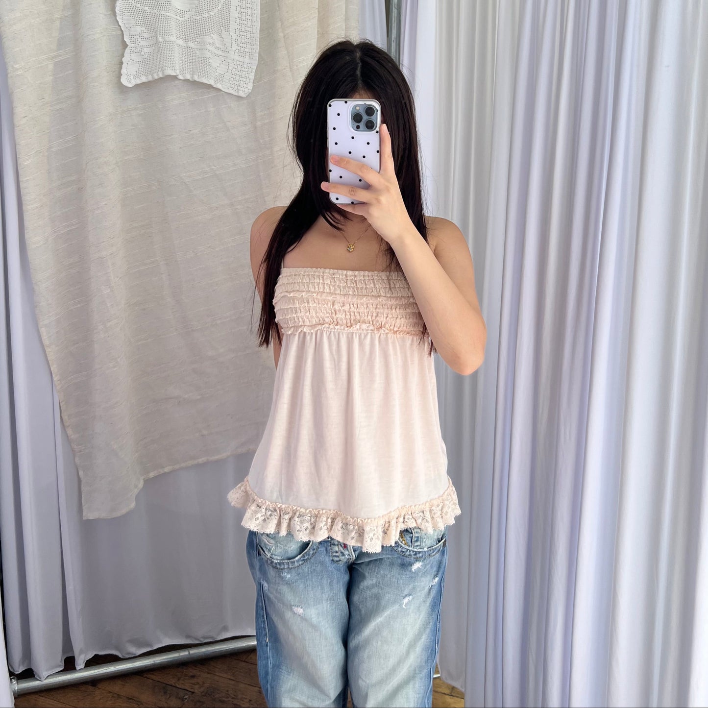 Gelato Pique Peach Ivory Pink Babydoll Ruched Frill Hem Camisole