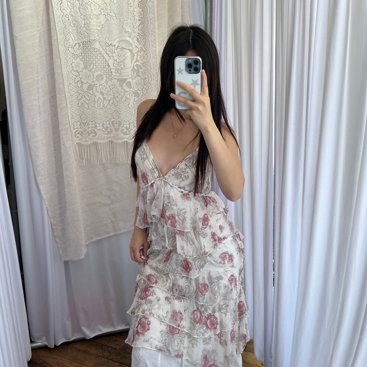 King Kong Ivory Pink Floral Eurosummer Prairie Silk Tiered Ruffle Midi Dress