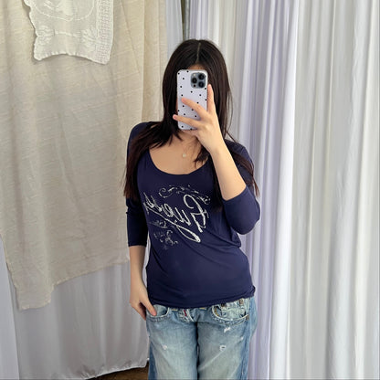 Guess Navy Silver Italic Stud Light Batwing Half Sleeve Tunic Top