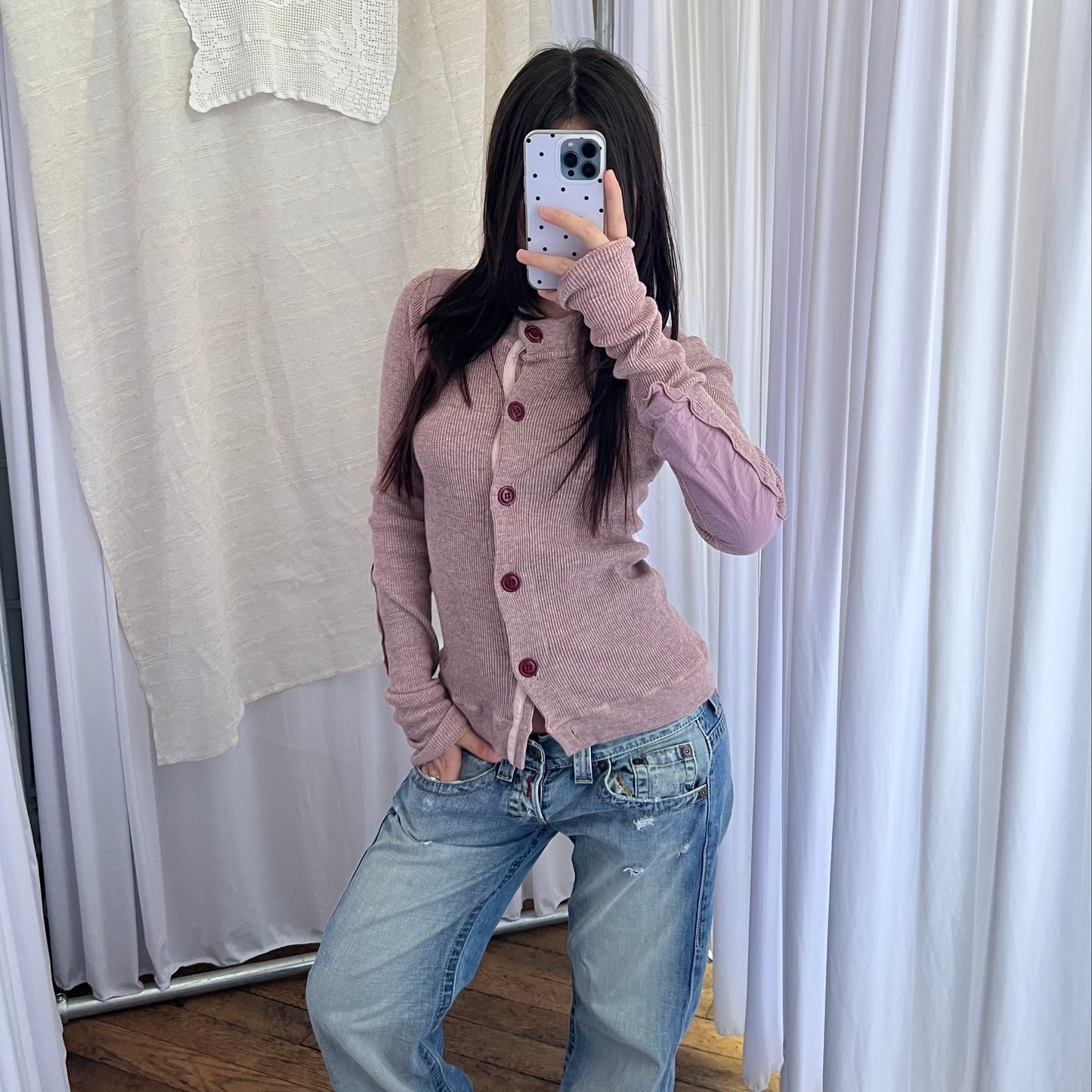 Americana Muted Pink Patch Work Waffle Knit Button Cardigan