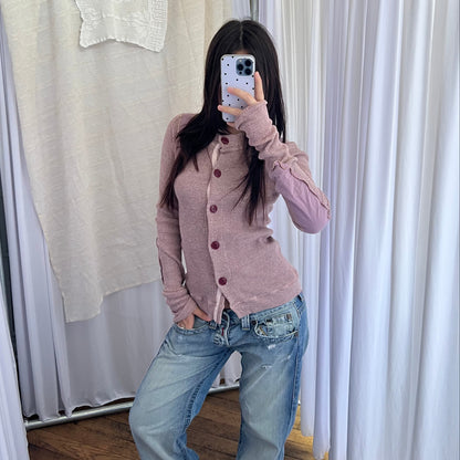 Americana Muted Pink Patch Work Waffle Knit Button Cardigan