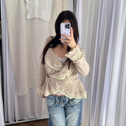 Sepia Pink Beige Cream Frilly Lace Wrap Belt Loop 3/4 Sleeve Crop Cardigan Top