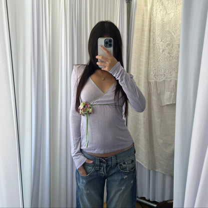 Kosmika Pastel Lilac Wrap Style Polka Dot Rosette Long Sleeve Top