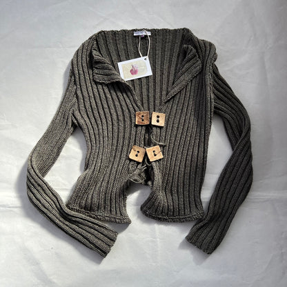 Patrice Breal Khaki Boho Wooden Square Front Toe Closure Crop Bolero Cardigan Top