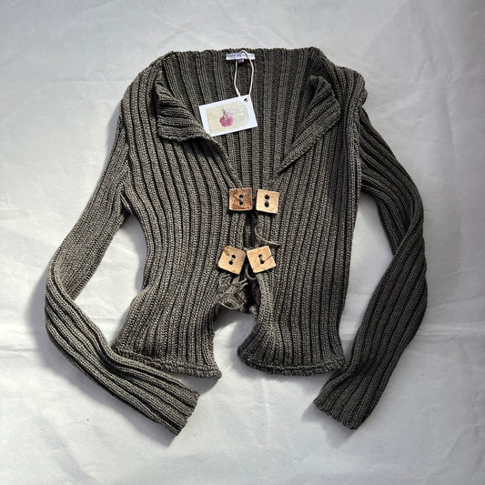 Patrice Breal Khaki Boho Wooden Square Front Toe Closure Crop Bolero Cardigan Top