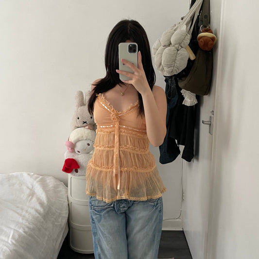 apricot orange fairycore favori ruched tulle babydoll lacey satin ribbon camisole