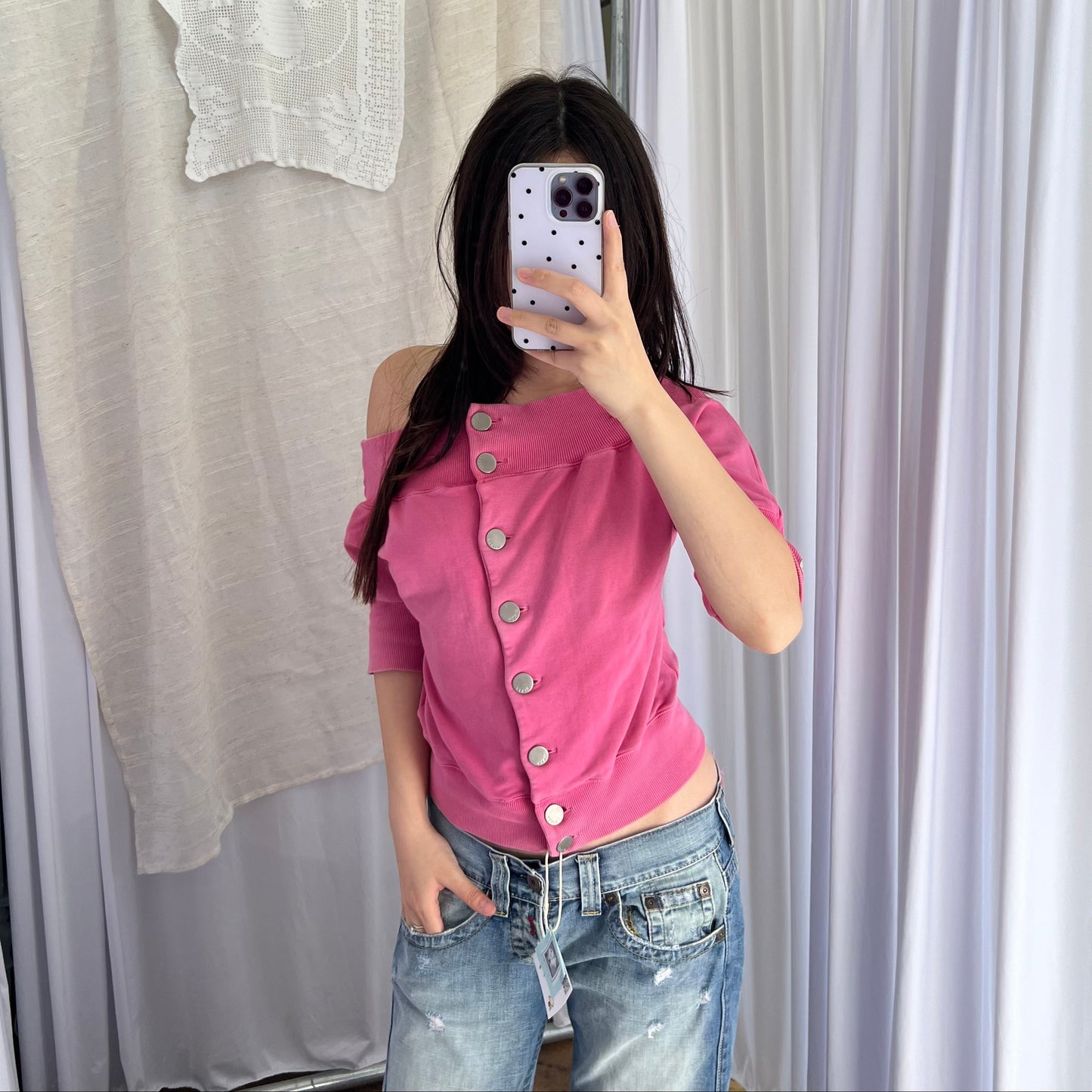 Miss Sixty Hot Pink Large Silver Button Off The Shoulder Half Sleeve Jersey Top