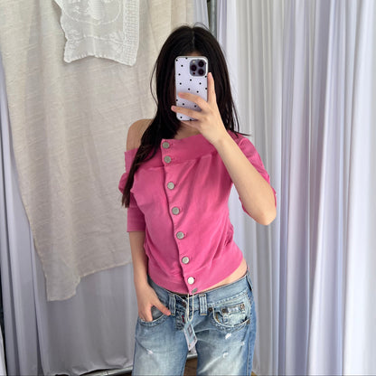 Miss Sixty Hot Pink Large Silver Button Off The Shoulder Half Sleeve Jersey Top