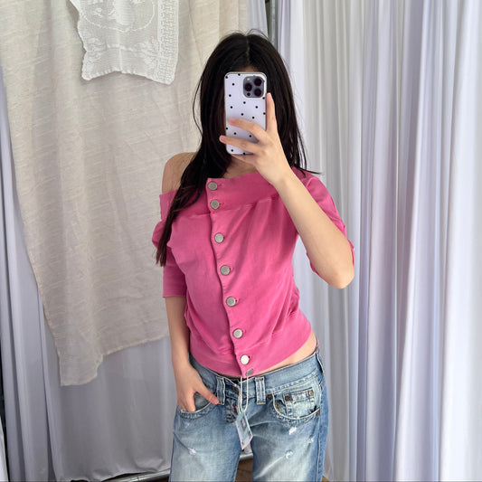 Miss Sixty Hot Pink Large Silver Button Off The Shoulder Half Sleeve Jersey Top