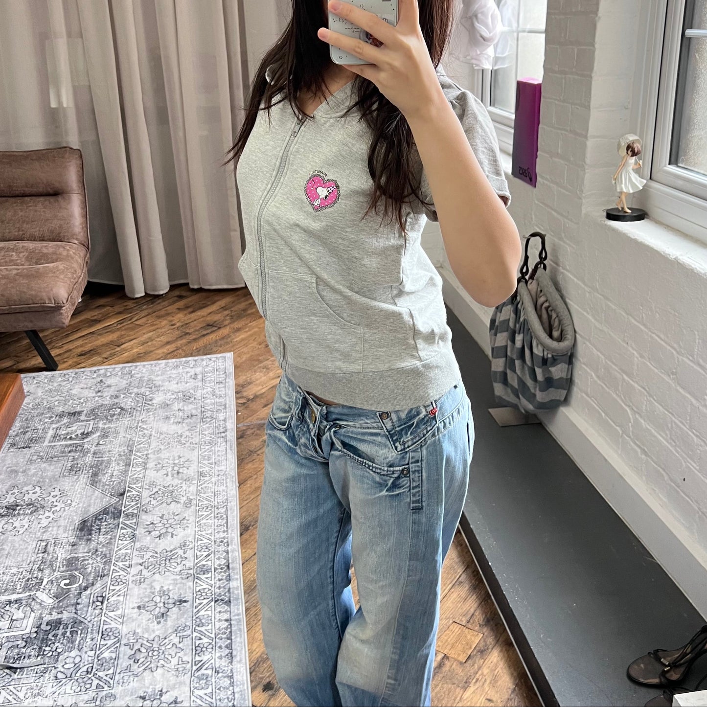 grey preppy y2k peanuts snoopy heart short sleeve zip hoodie