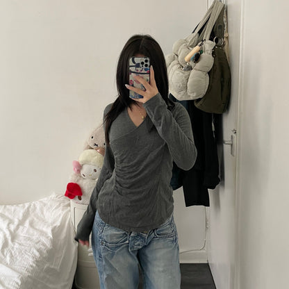 burberry wrap style ruched asymmetric grey long sleeve collared top