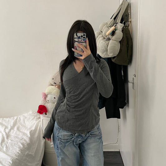 burberry wrap style ruched asymmetric grey long sleeve collared top