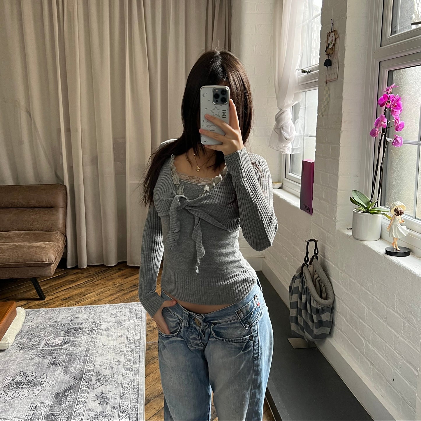 lilu mecredi frilly grey lace trim long sleeve knit bolero and cami two in one layered top