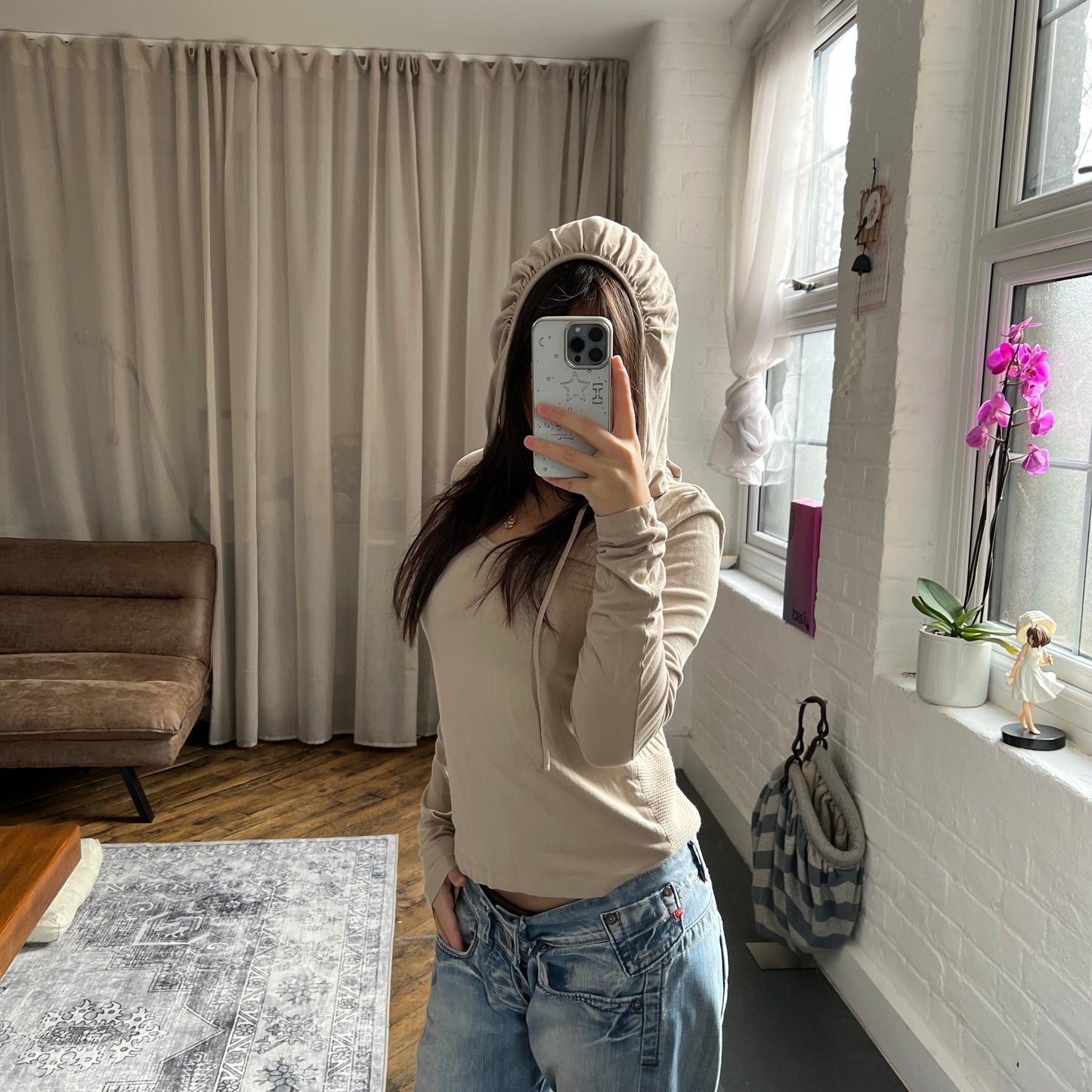 cop copine utility beige mix knit long sleeve hooded long sleeve top