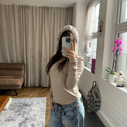 cop copine utility beige mix knit long sleeve hooded long sleeve top