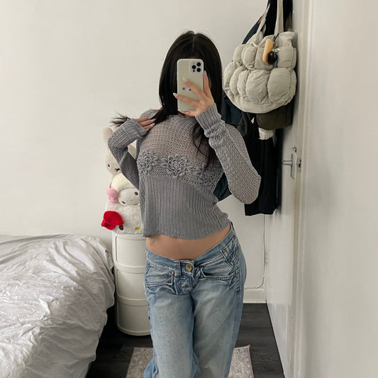 boho eurosummer et compagnie grey blue long sleeve floral crochet knit top
