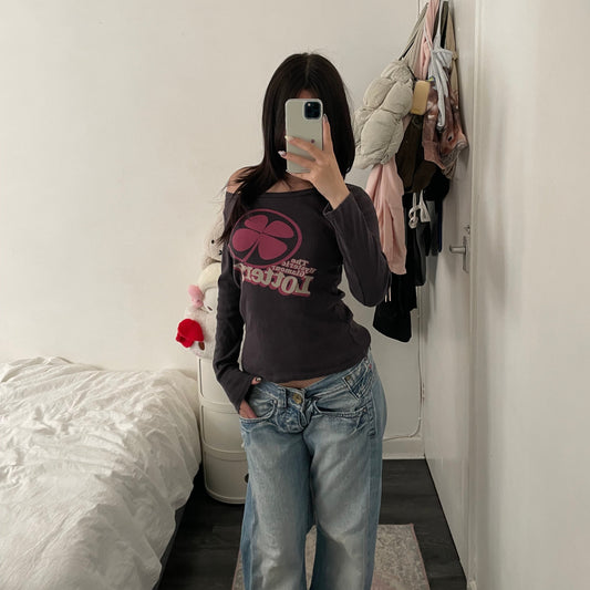 hysteric glamour 90s vintage faded purple long sleeve clover pink lottery graphic top