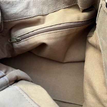 Taupe Brown Leather Studded Fold Over Slouchy Shoulder Bag