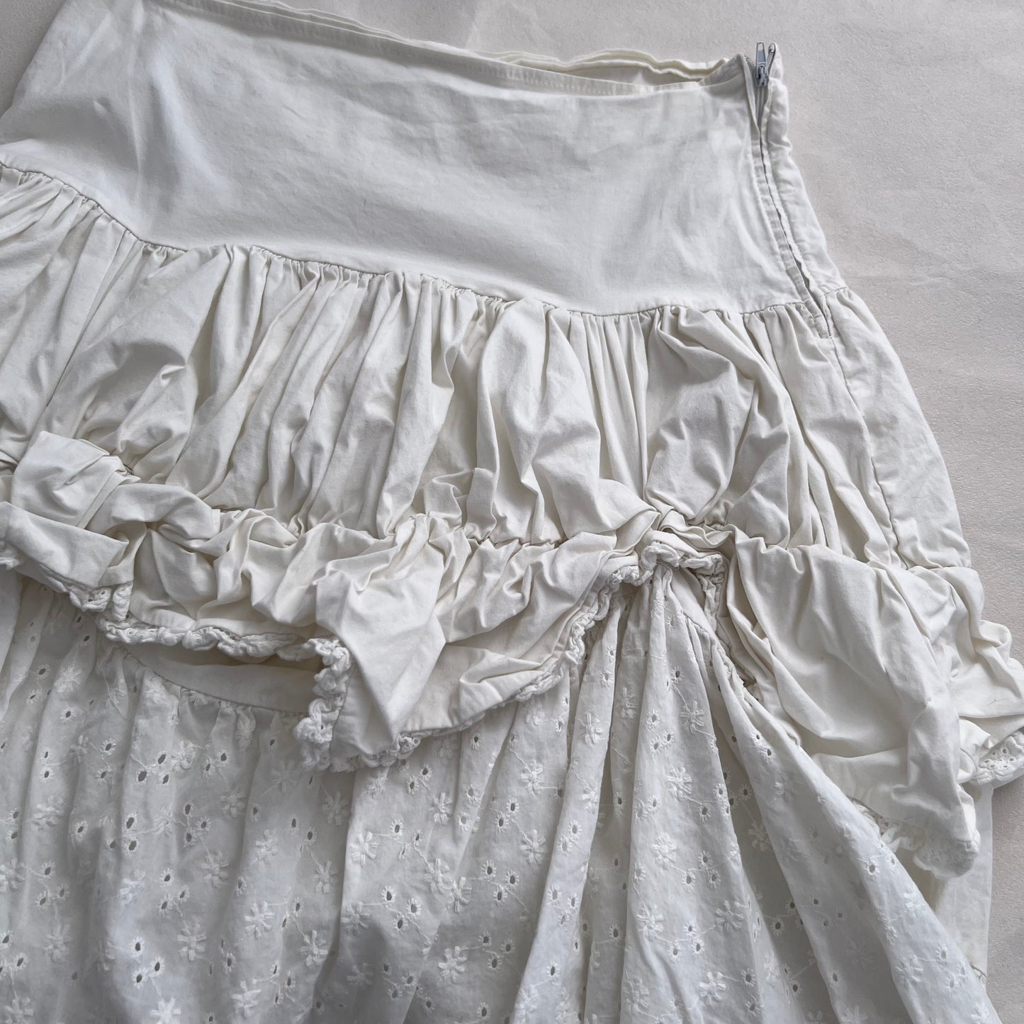 Prairie White Ruched Flared Broderie Anglaise Midi Skirt
