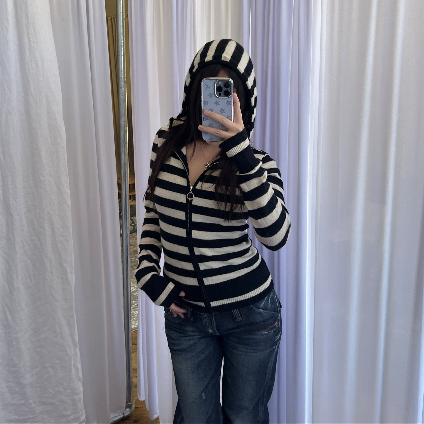 Burberry Label Black White Striped Wool Long Sleeve Fitted Zip Hoodie Cardigan Jacket