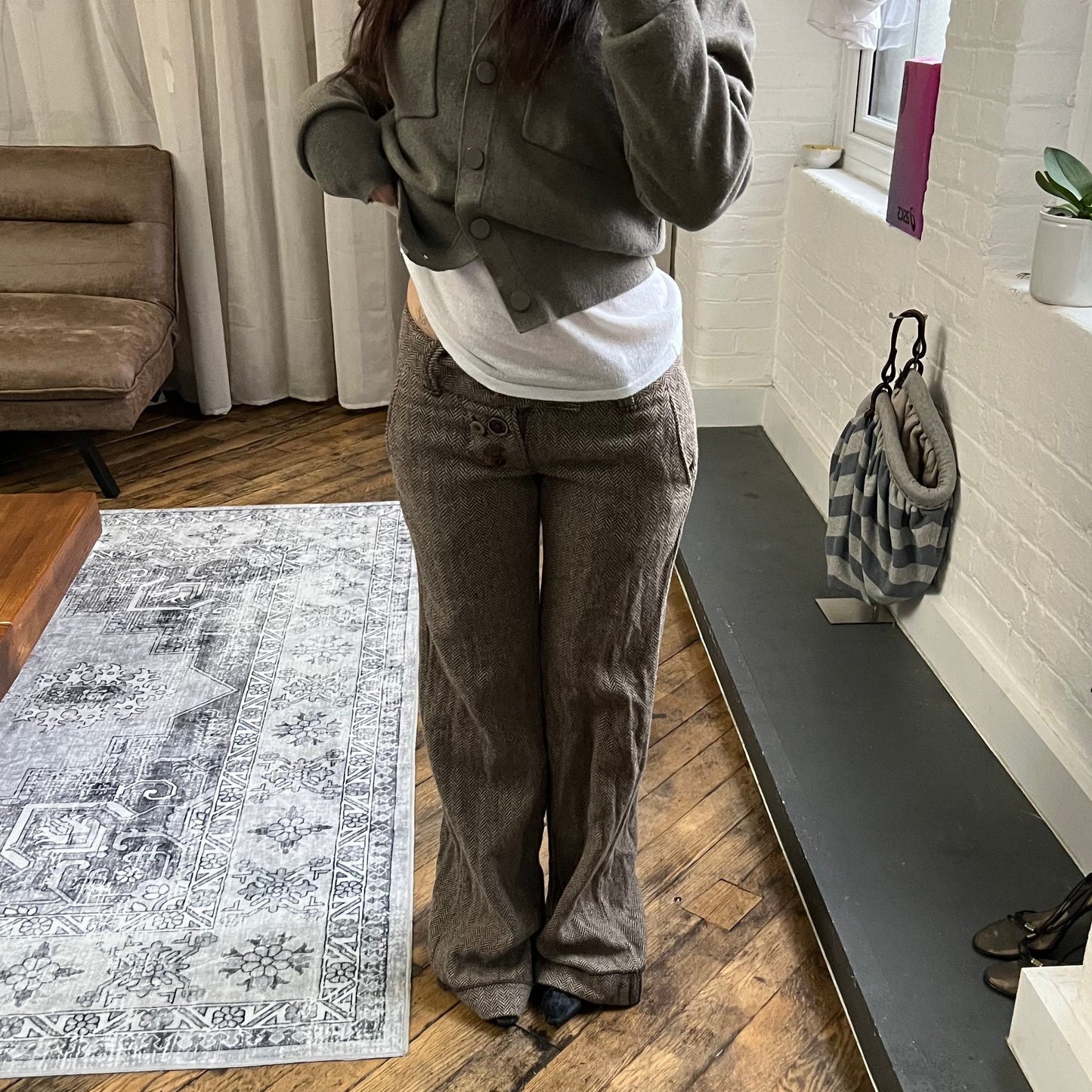 rare miss sixty beige brown mixed button herringbone low rise wide leg trousers