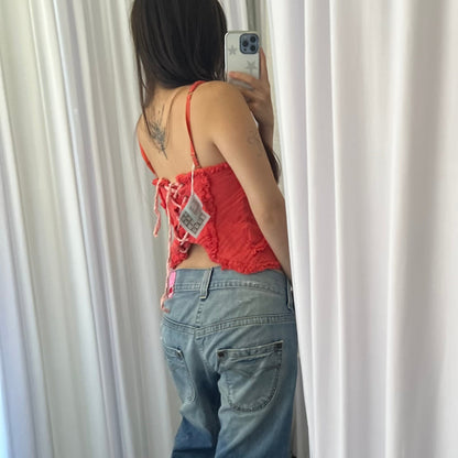 Blood Orange Ruffle Linen Like Lace Up Corset Camisole