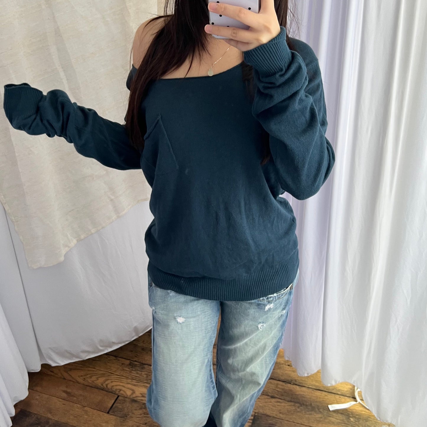 Vintage Tricot & Co Petrol Blue Round Neck Fine Knit Pocket Sweater