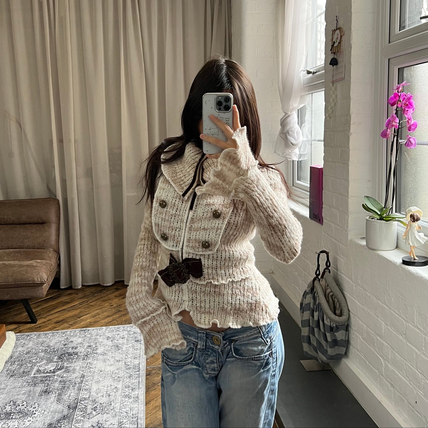 zone bleue speckled brown wide collared knit zip velvet ribbon belt cardigan jacket