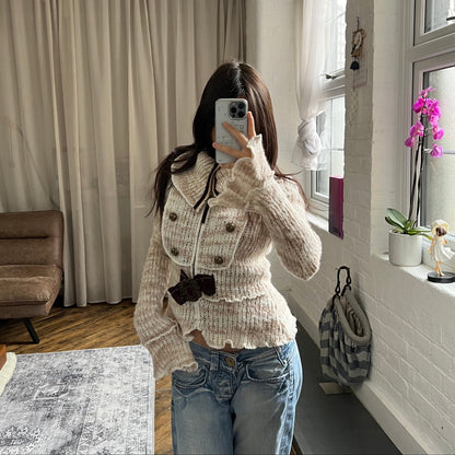 zone bleue speckled brown wide collared knit zip velvet ribbon belt cardigan jacket