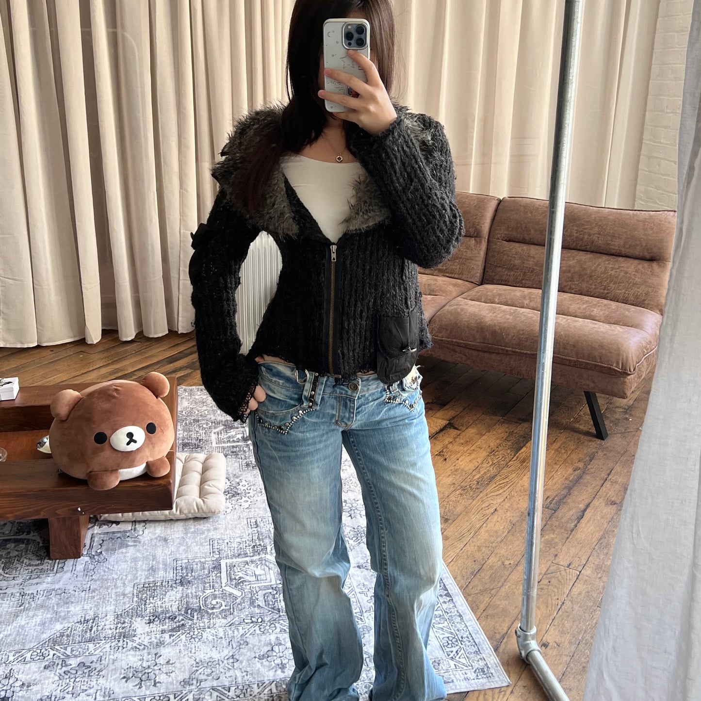 Speckled Black Fur Trim Zone Bleue Knit Long Sleeve Zip Cardigan