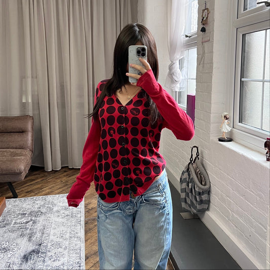 hysteric glamour faded raspberry red polka dot graphic long sleeve cardigan