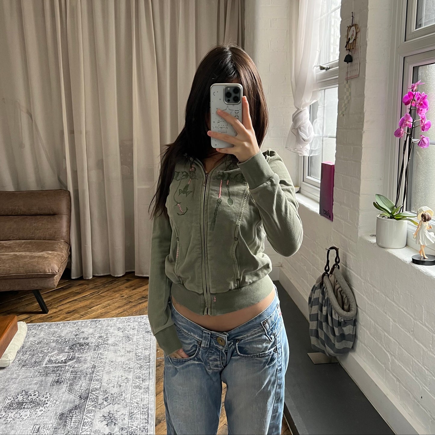 vintage diesel red tag khaki embroidery ornament text long sleeve zip hoodie jacket