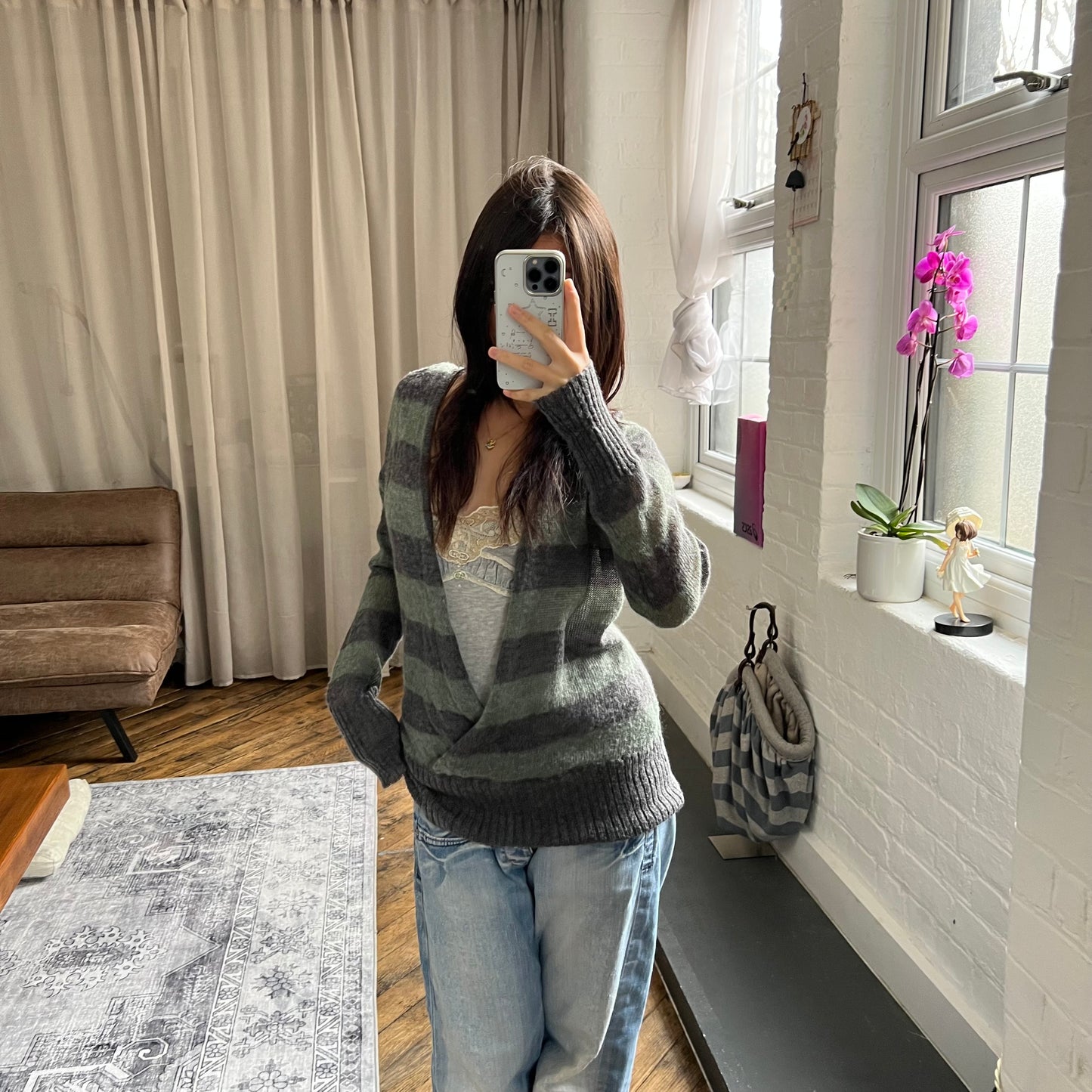 vintage creeks mohair blend grey green striped open wrap long sleeve hooded cardigan