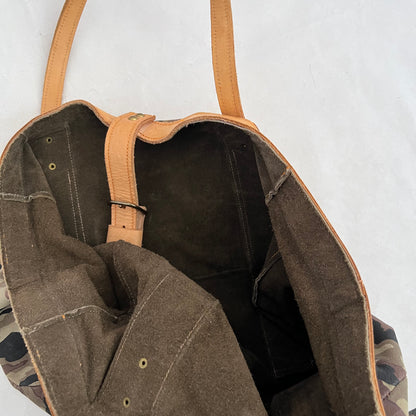 Vintage Harry Hanny Handmade Tan Brown Leather Camo Print Tote Bag