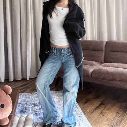 Jennyfer Black Waterfall Ribbed Collared Open Zip Accent Knit Cardigan