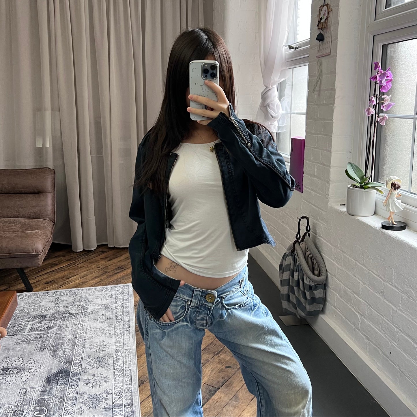 vintage navy blue nu utility biking zip piping accent crop jacket