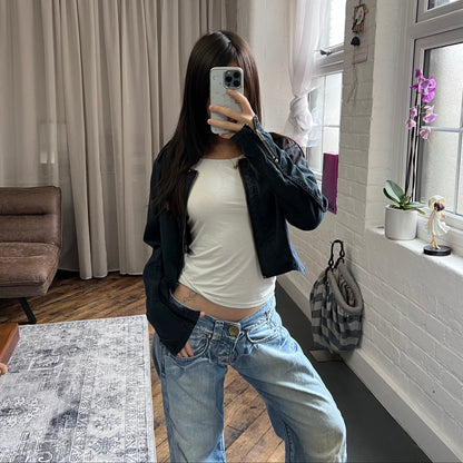 vintage navy blue nu utility biking zip piping accent crop jacket