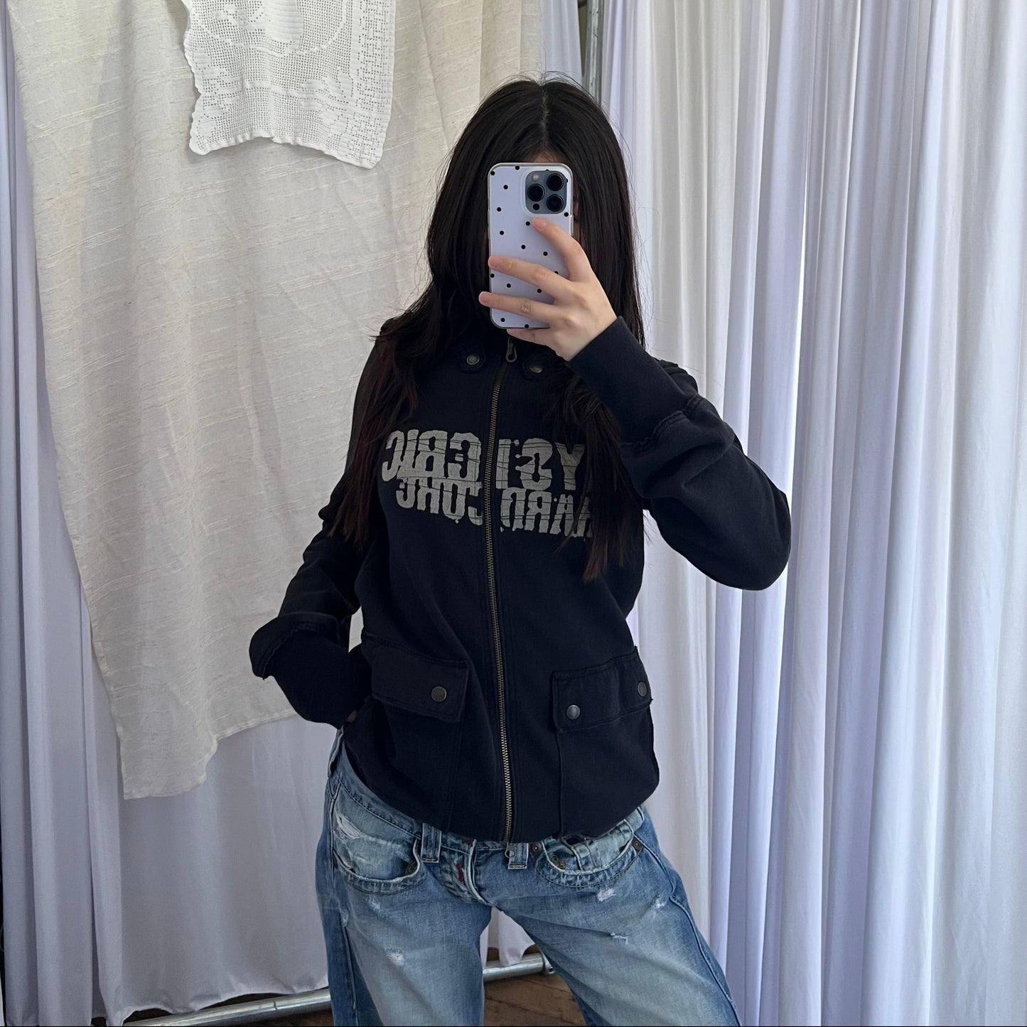 Hysteric Glamour Corpcore Military Style Buckle Round Button Accent Long Zip Jacket