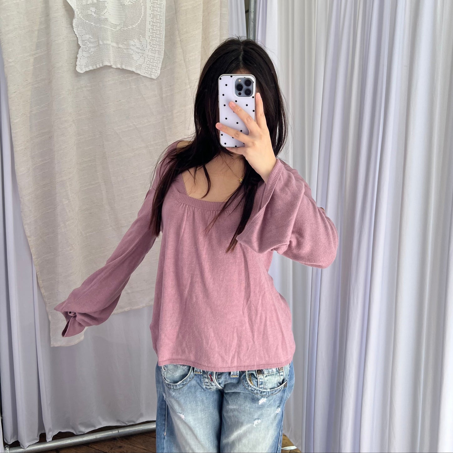 Les Petite Bombes Dusty Pink Square Neck Mother of Pearl Button Long Sleeve Knit Top