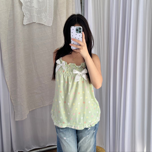Coquette Mint Green Pastel Polka Dot Babydoll Bow Camisole